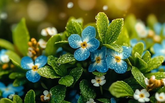 Blue flowers with dewdrops in lush greenery and sunlight.