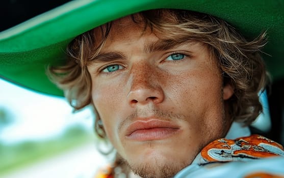 Young caucasian male with freckles wearing green hat outdoors.
