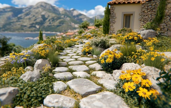 Stone pathway through mediterranean garden with colorful wildflowers and mountain view.