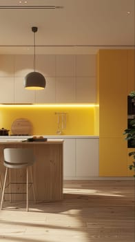 A modern kitchenette glows with warm lighting and a yellow accent, creating a sleek and inviting culinary space