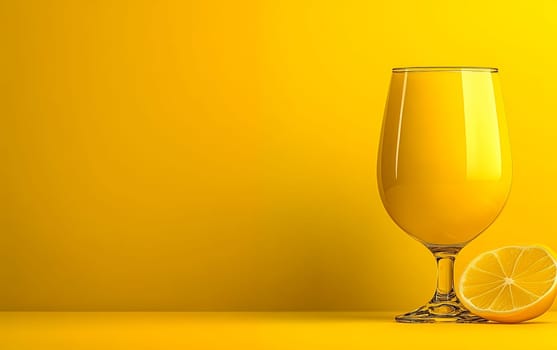 Refreshing glass of lemon juice with lemon slice on bright yellow background.