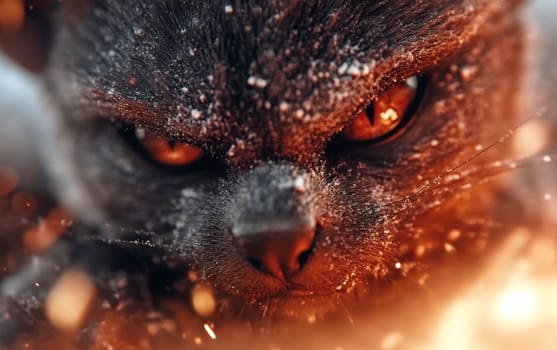 Intense gaze of a snow-dusted cat amidst fiery glow.