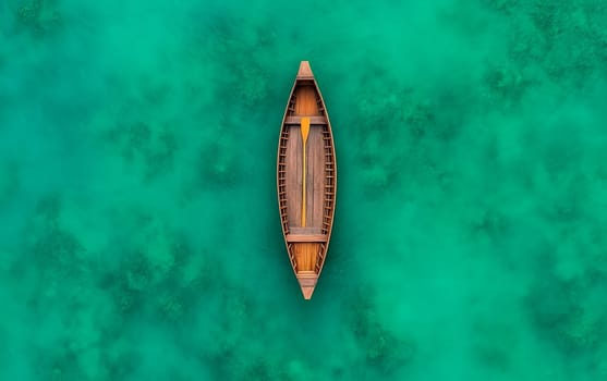 Aerial view of wooden canoe on vibrant turquoise water.
