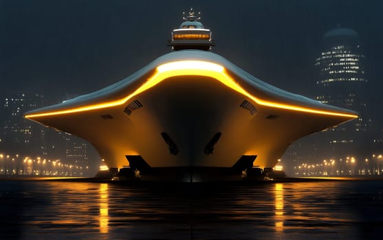Illuminated futuristic ship docked at night in a rainy city.