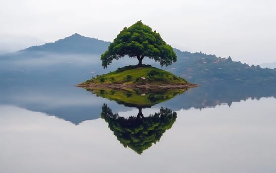 Solitary tree on small island reflecting in calm lake with misty mountain background.