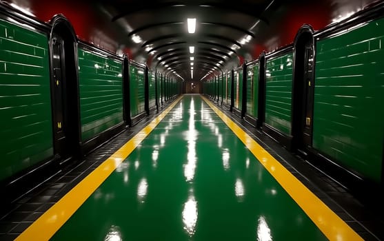 Vibrant green and yellow tile interior of metro tunnel.