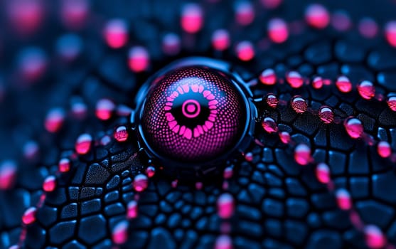 Abstract neon pink and black circular pattern with glowing dots.