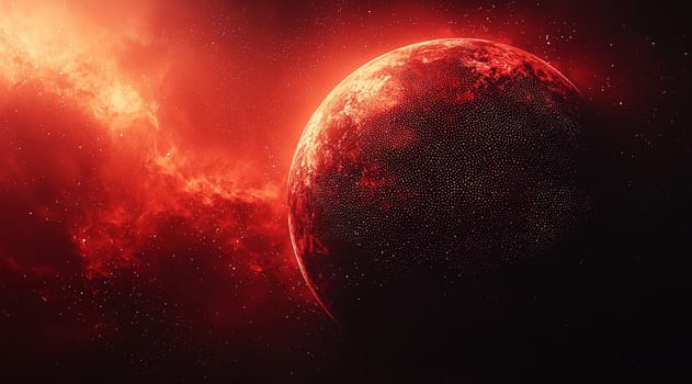 A high-resolution depiction of a red sphere disintegrating into numerous smaller spheres, symbolizing transformation, dispersion, and dynamic energy in striking detail and quality.