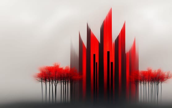 Abstract red structures and trees in a surreal landscape.