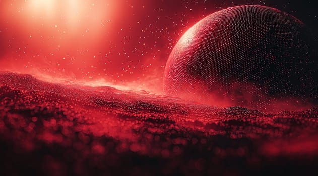 A high-resolution depiction of a red sphere disintegrating into numerous smaller spheres, symbolizing transformation, dispersion, and dynamic energy in striking detail and quality.