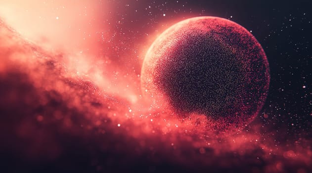 A high-resolution depiction of a red sphere disintegrating into numerous smaller spheres, symbolizing transformation, dispersion, and dynamic energy in striking detail and quality.