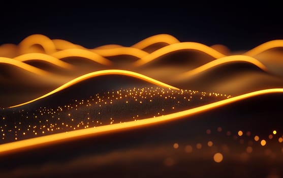 Glowing abstract waves with dots in a dark setting.