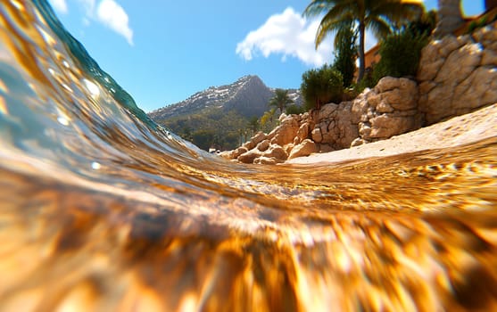 Crystal clear wave on tropical beach with rocky shoreline and palm trees.