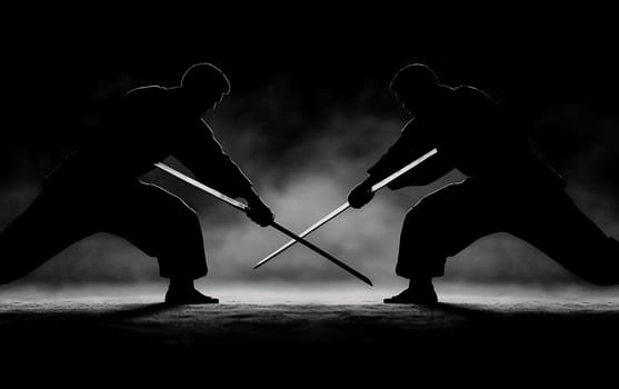 Silhouetted martial artists in intense sword battle against smoky background.