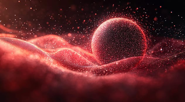 A high-resolution depiction of a red sphere disintegrating into numerous smaller spheres, symbolizing transformation, dispersion, and dynamic energy in striking detail and quality.