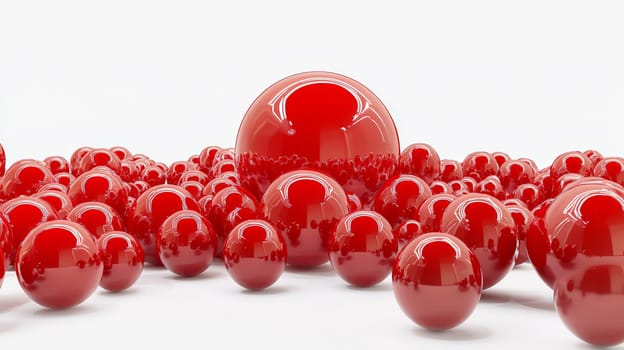 A high-resolution depiction of a red sphere disintegrating into numerous smaller spheres, symbolizing transformation, dispersion, and dynamic energy in striking detail and quality.