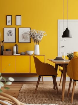 Mustard dining chairs complement a vibrant yellow wall, adorned with monochrome art and soft lighting