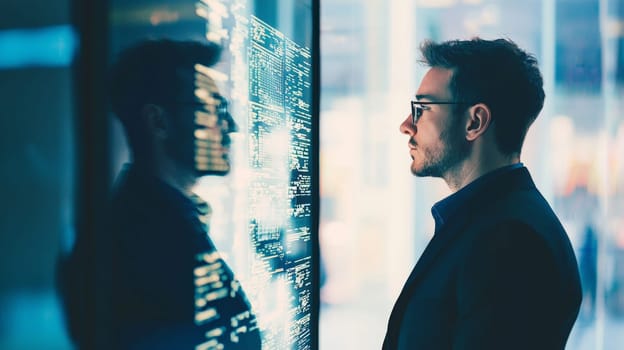 A dynamic portrayal of a cybersecurity professional with a mirrored effect, symbolizing vigilance, duality, and the complexity of digital defense in a modern, tech-driven world.