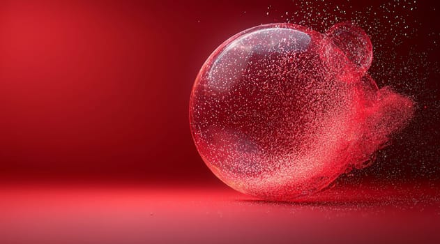 A high-resolution depiction of a red sphere disintegrating into numerous smaller spheres, symbolizing transformation, dispersion, and dynamic energy in striking detail and quality.