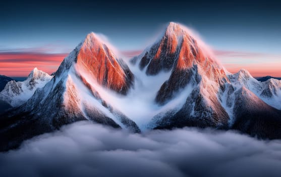 Majestic snow-capped mountains at sunset amidst clouds.