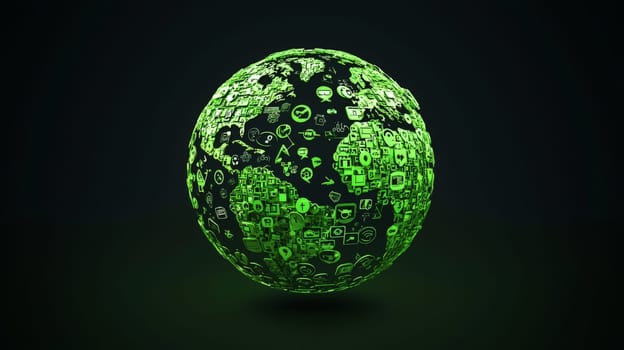 A high-definition vector illustration of a green globe crafted from interlocking hyperlink icons, representing global connectivity, digital networks, and the interconnected online ecosystem.