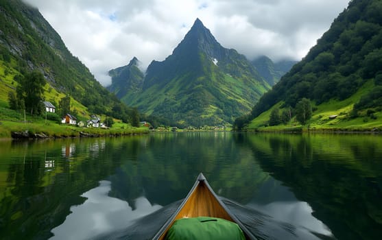 Scenic canoe journey in serene mountain lake with lush greenery and reflection.