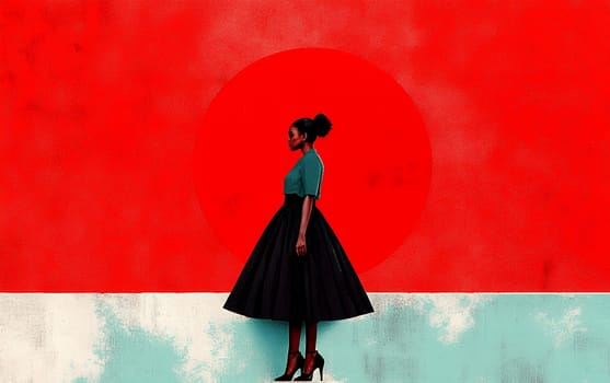 African female against bold red background with geometric design.