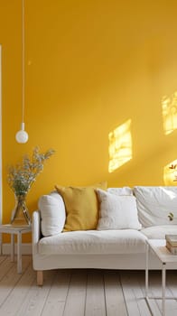 A soft white couch accented with yellow pillows faces a sunlit wall, creating a snug and inviting atmosphere