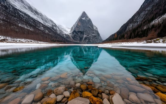 Majestic mountain reflection in clear blue lake surrounded by snowy peaks.