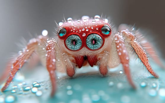 Close-up of colorful jumping spider with water droplets on its body.