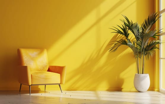 A sleek yellow armchair sits in a sunlit corner, casting bold shadows on the vibrant wall, with a potted palm adding a touch of green