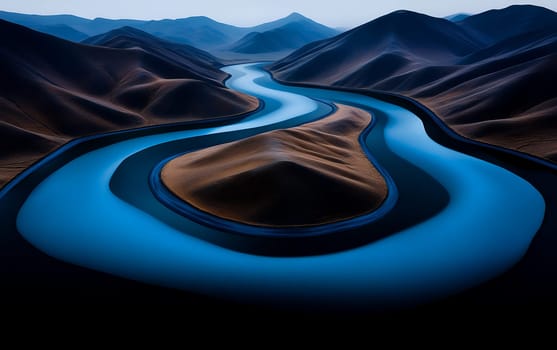 Serene aerial view of meandering river and rolling hills at dusk.