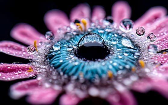 Macro view of water droplets on pink and blue flower petals.