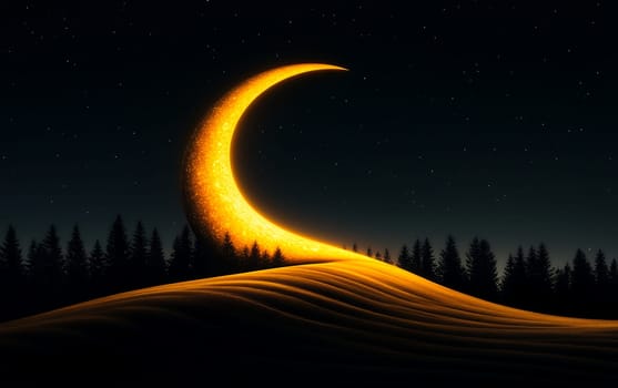 Glowing crescent moon over serene night landscape with pine trees and starry sky.