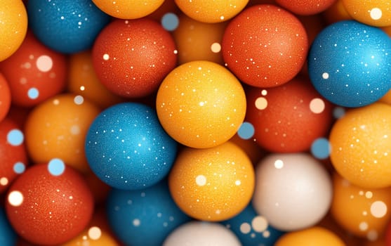 Brightly colored spheres with textured surfaces and bokeh light effects.