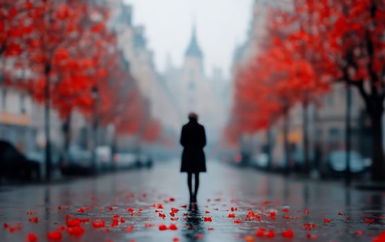 Female figure walking in autumnal urban landscape with red trees in focus.