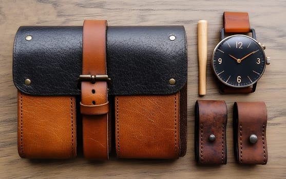 Stylish leather accessories with brown wallet and watch on wooden surface.
