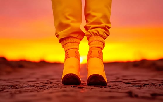 Vibrant yellow shoes in desert sunset landscape.