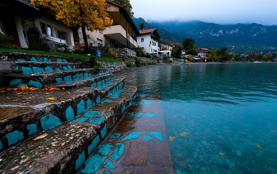 Tranquil lakeside village with painted stone steps in autumn.