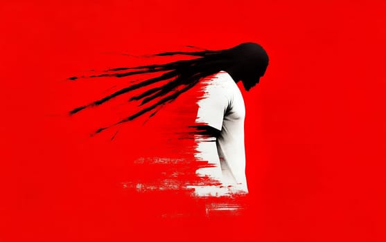 Abstract illustration of african male with flowing hair on red background.
