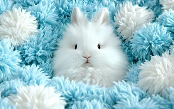 Fluffy white bunny nestled in soft blue and white blanket.