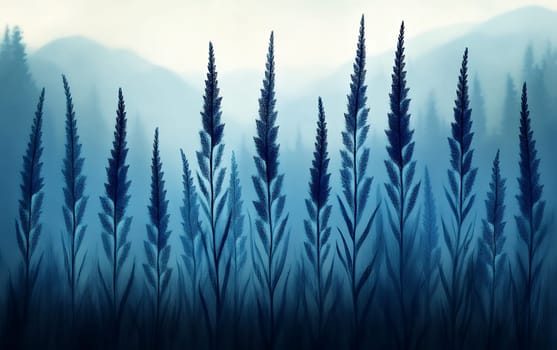 Serene morning mist over tall grass in mountain landscape.