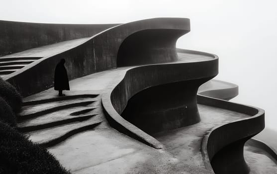 Solitary figure on curved architectural pathway in foggy landscape.