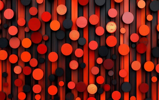 Vibrant red and black circular patterns on vertical background.