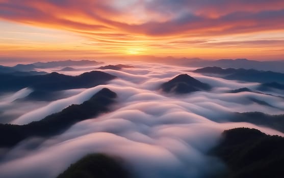 Spectacular sunrise over misty mountains with vibrant clouds and warm light.