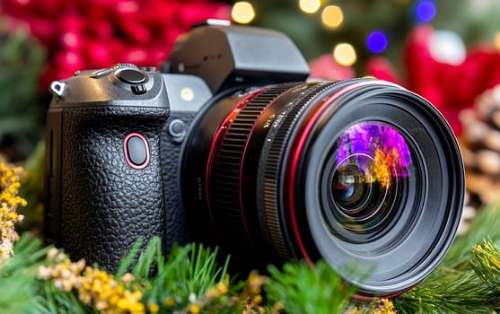 Professional camera with reflections surrounded by festive decorations.