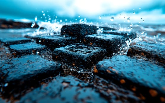 Close-up of giant's causeway basalt columns with splashing water.