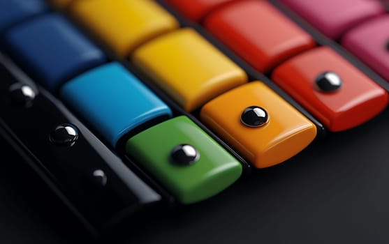 Colorful xylophone bars close-up with shiny metal pins on dark background.