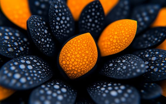 Close-up of abstract orange and black flower petals with circular patterns.