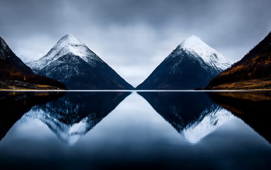 Tranquil reflection of snow-capped mountains on a calm lake.